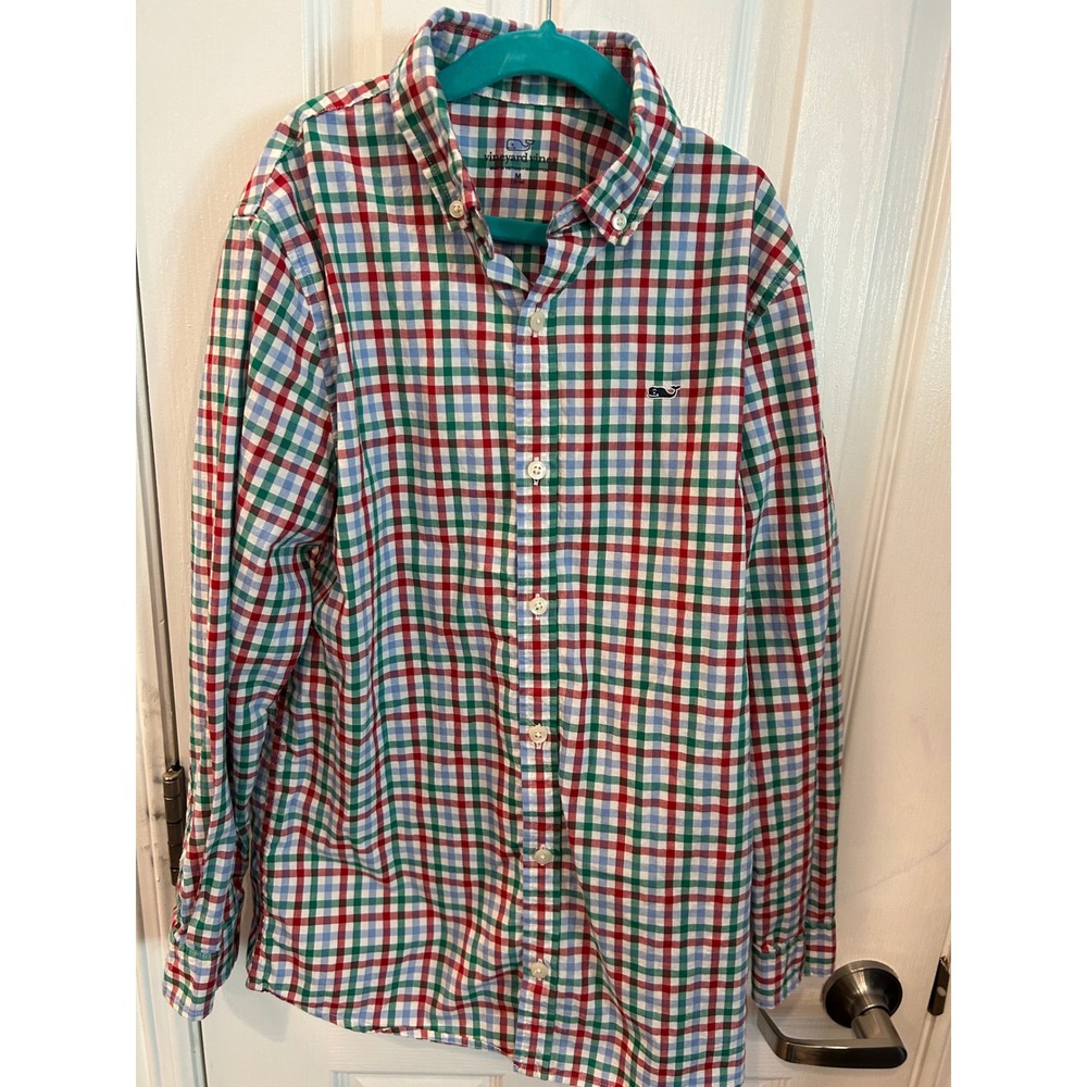 Vineyard Vines Button Down Shirt Multi Gingham Plaid Cotton Whale Logo Prep Kids